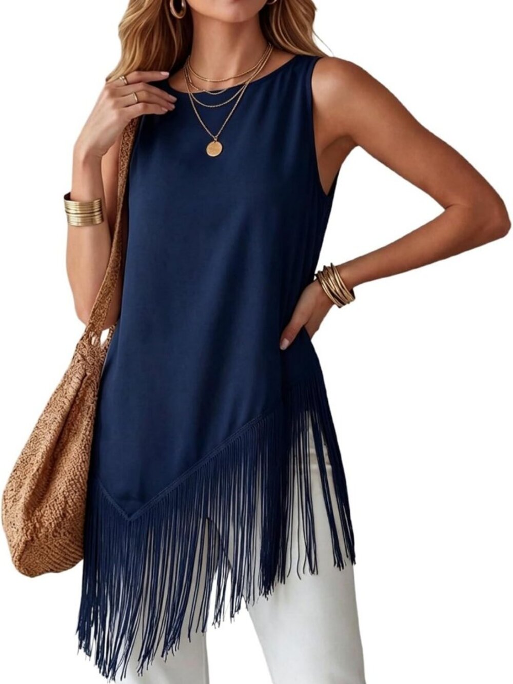MakeMeChic Womens Fringe Hem Sleeveless Crew Neck Tank Top